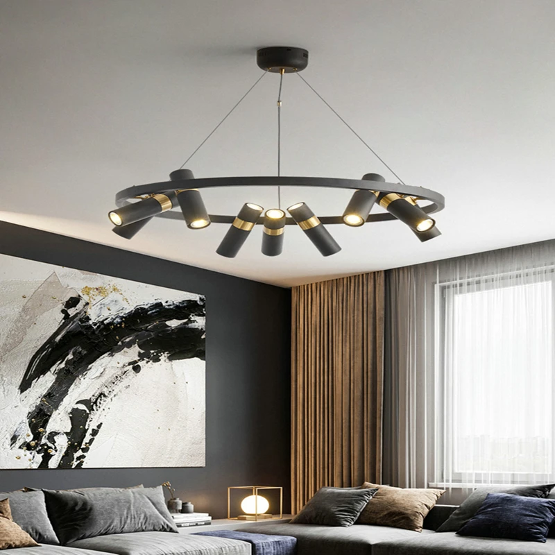 New Modern Led Ring Light Black Metal Pendant Lights For Living Room Dining Kitchen Bar 3/6/9 Heads Rotatable Art Light Fixtures