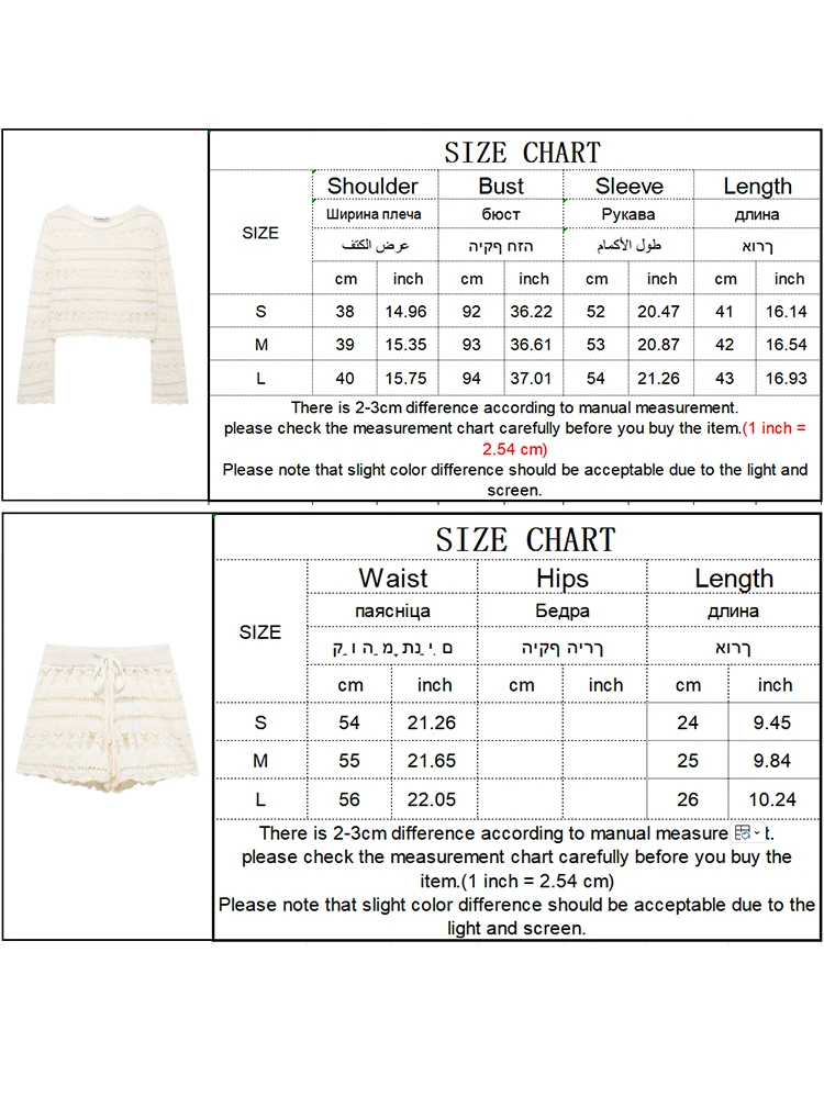 TRAF 2 Pieces Women Knitted Shorts Sets Fashion Hollow Out Long Sleeves Tops High Waist Drawstring Suit Female Causal Outfit