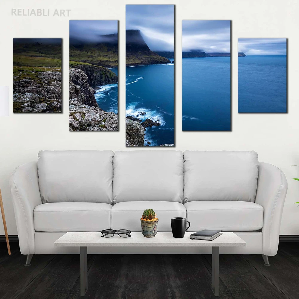 5 Piece Scotland Sea Canvas Painting Wall Art Duirinish Peninsula Green Ocean Landscape UK Blue Ocean Seascape Poster Home Decor