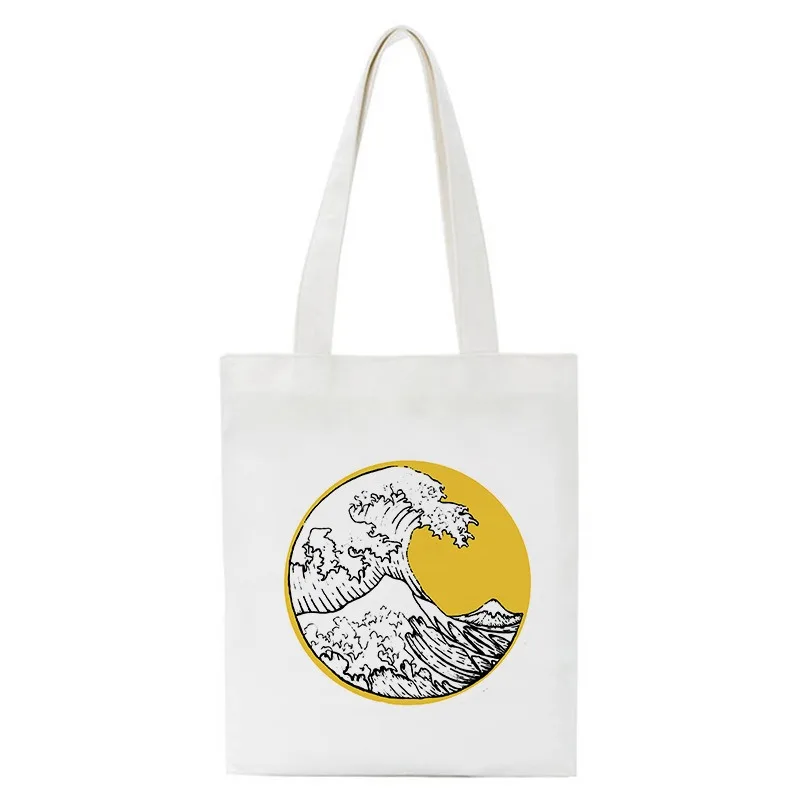 

Artistic Canvas Tote Bag With Japanese Wave Folk Floral Fish Mountain Cosmic Designs Stylish Versatile Shoulder Bag