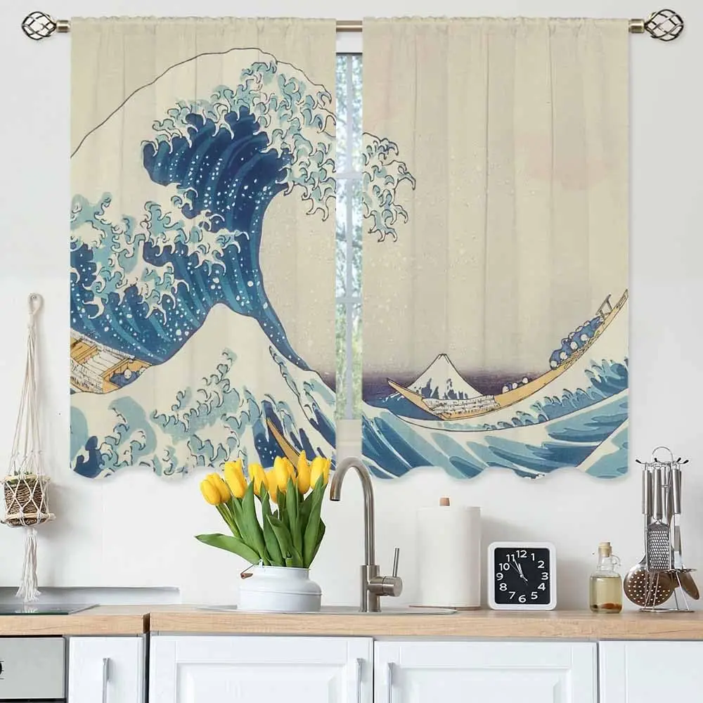 Japanese Style Kitchen Curtains Vintage Great Waves Kanagawa Artistic Short Tier Curtains for Bathroom Cafe Small Window Drapes