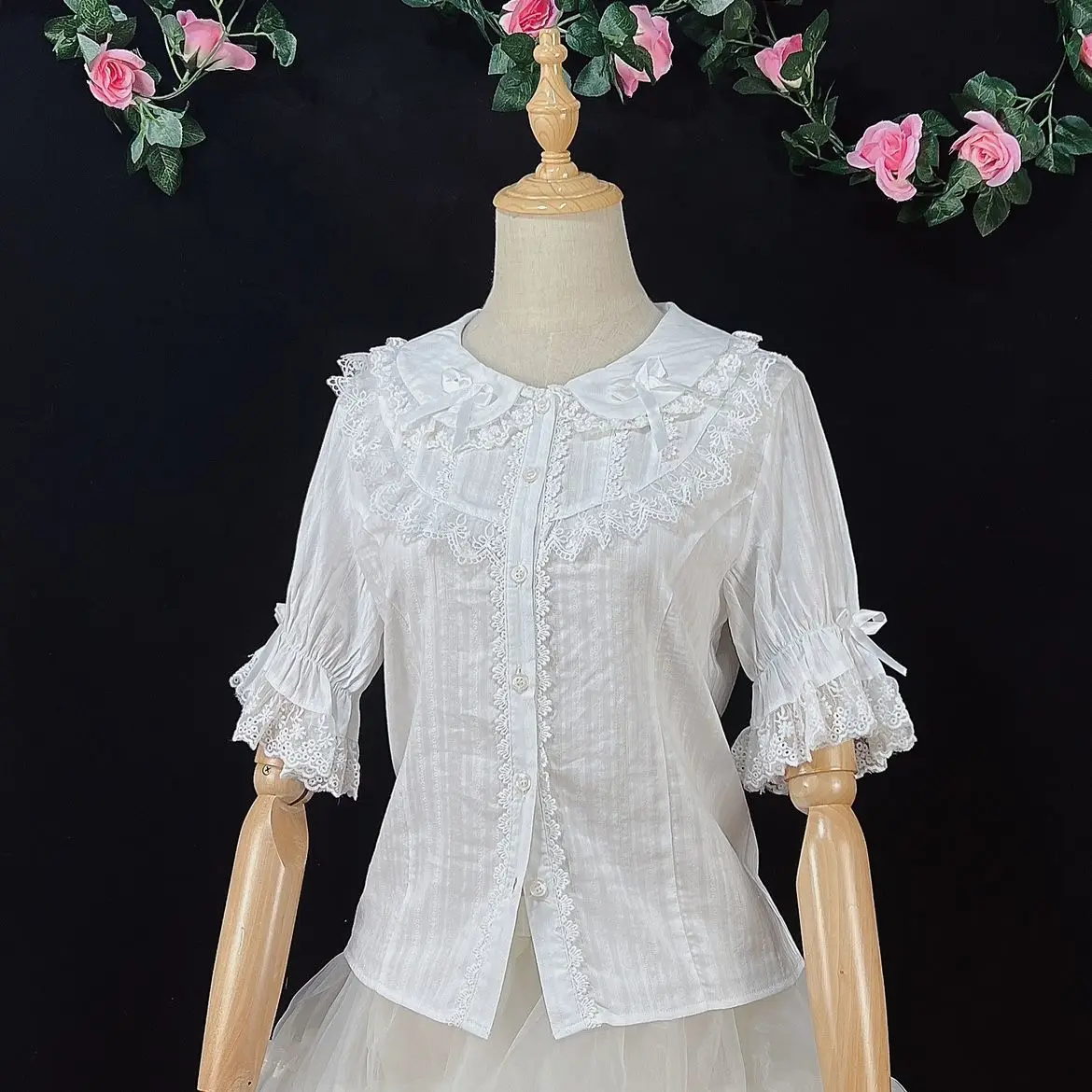 Coalfell نمط داخلي الصيف دمية طوق قصيرة الأكمام القطن قميص لوليتا بلوزة #5