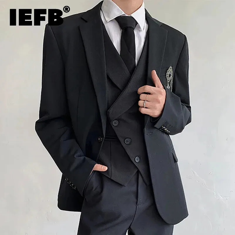 IEFB Men Fashion Men's Blazer New Trendy Solid Color Male Clothing Turn-down Collar Black Suit Jacket Korean Trend 9W961