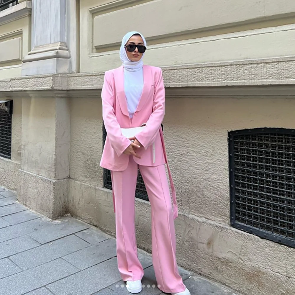 Conjunto de pantalón y Blazer para mujer, Conjunto elegante de dos piezas con cinturón y un botón, color rosa