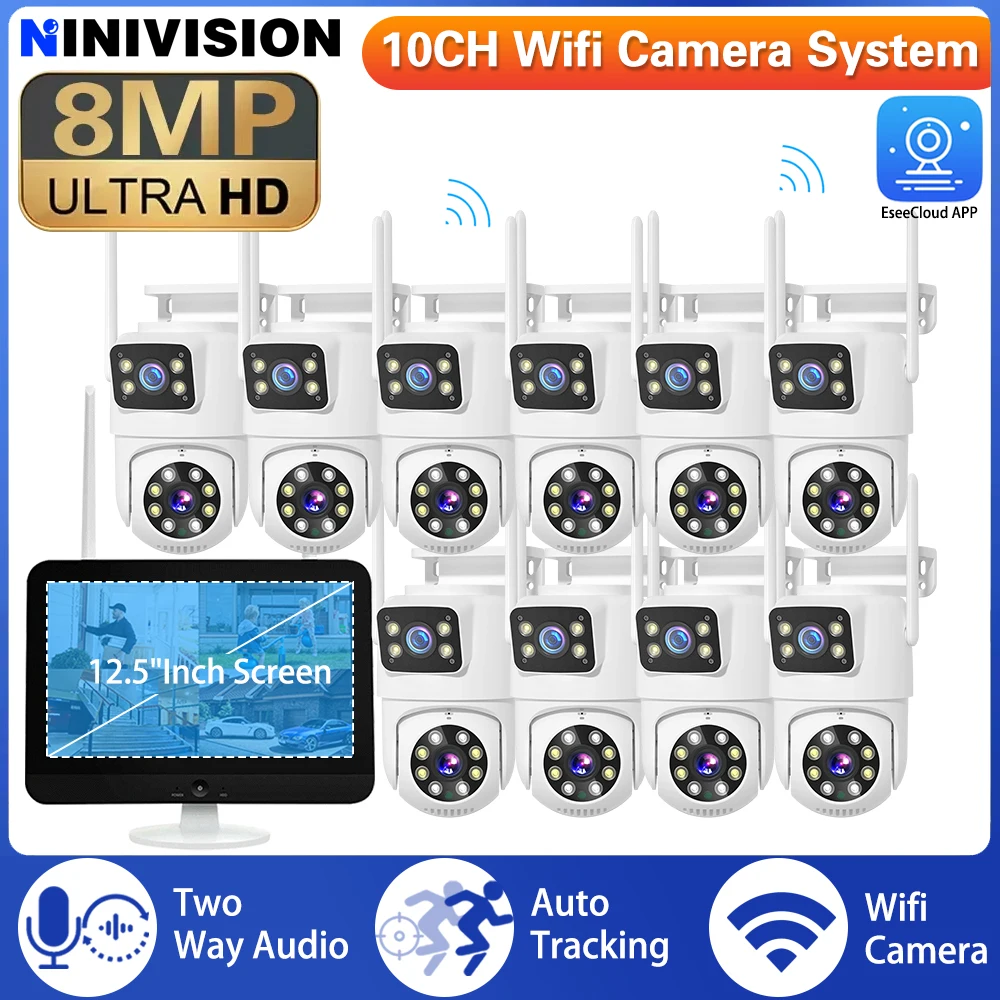 

4K CCTV Security 8MP Dual Lens PTZ Camera 10CH 12.5"Inch LCD Screen Monitor Wifi NVR Kit Wireless Home Security Camera System