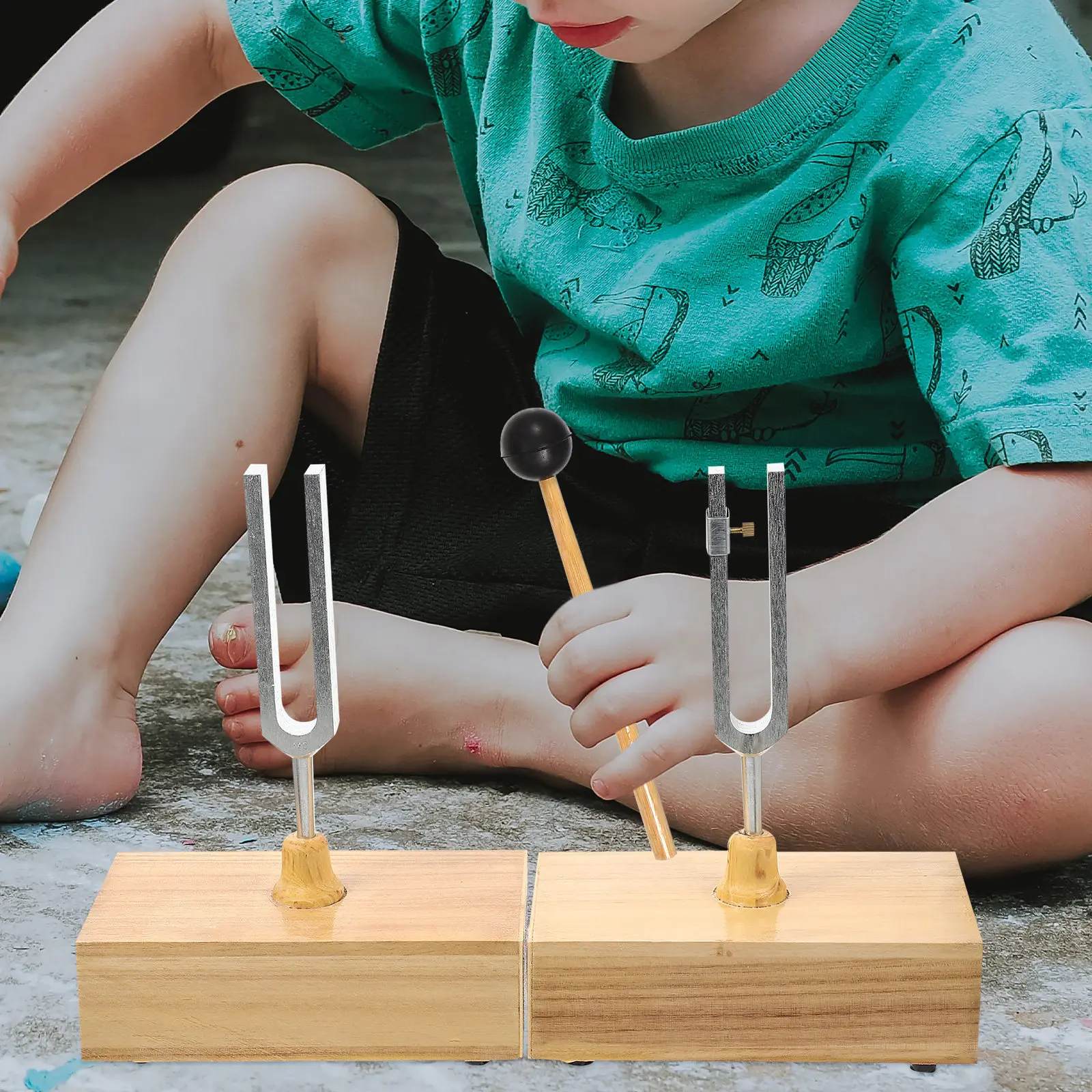 1Set Physical Experiment Metal Tuning Fork Wood Base Hammer for Education Acoustic Experiment Musical Testing Instrument