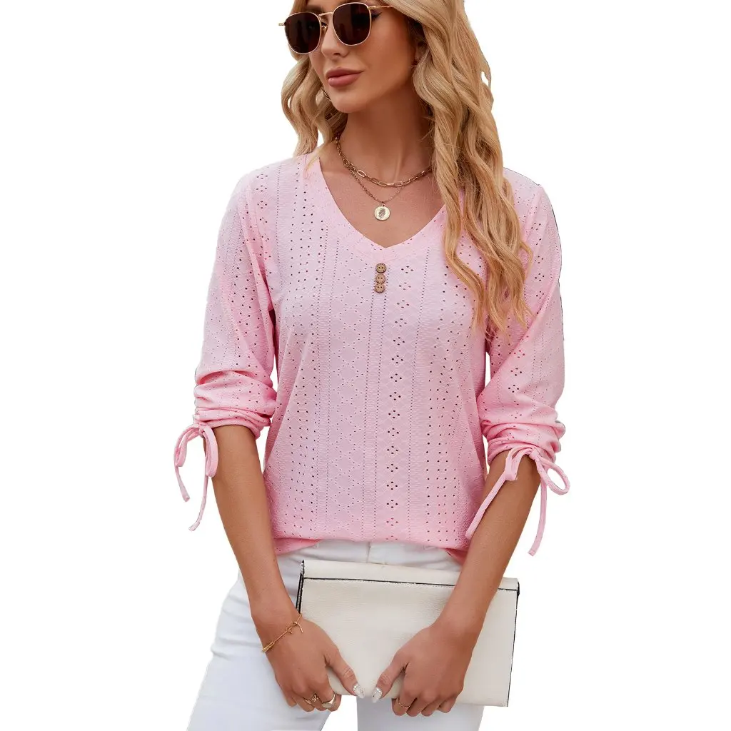 

Women's Loose T-shirt V-Neck Solid Color Button Detail Half Sleeve Top for Spring And Summer European And American Style