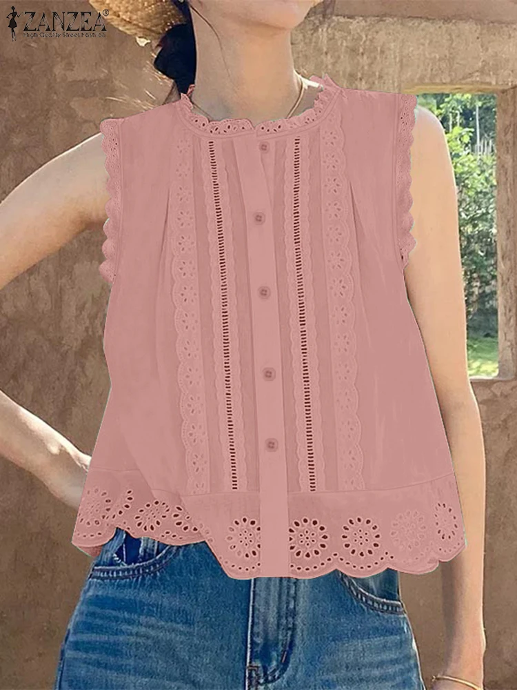 Mode Vakantie Tanks Tops 2025 ZANZEA Zomer Camis Vrouwen Mouwloze Kant Gehaakte Blouse Casual Solid Losse Strand Shirt Oversize