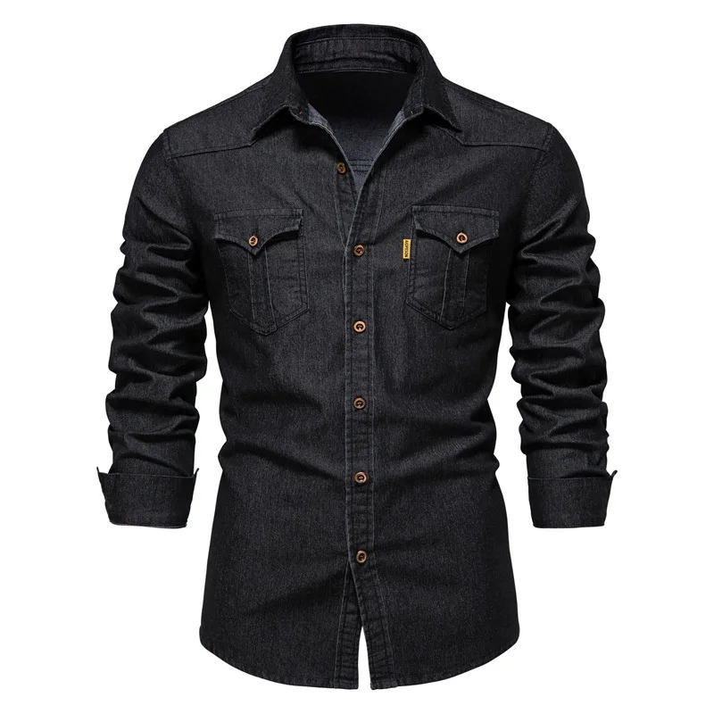 

Elastic Cotton Denim Shirt High Quality Men Long Sleeve Solid Color Pocket Shirts for Men Casual Slim Fit Mens Designer Clothing