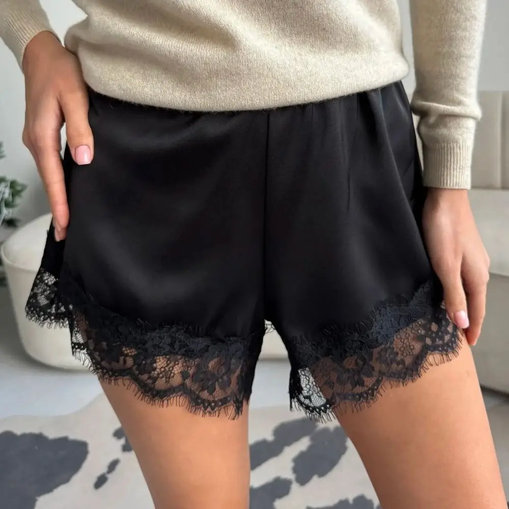 New Elastic Waist Lace Satin Shorts Wide Leg Patchwork Design Boxer Slip Elegant Y2K Style Pettipants Summer