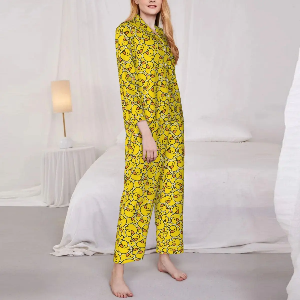 Pajamas Female Yellow Classic Ducks Daily Sleepwear Animal Two Piece Retro Pajama Sets Long Sleeve Elegant Oversize Home Suit