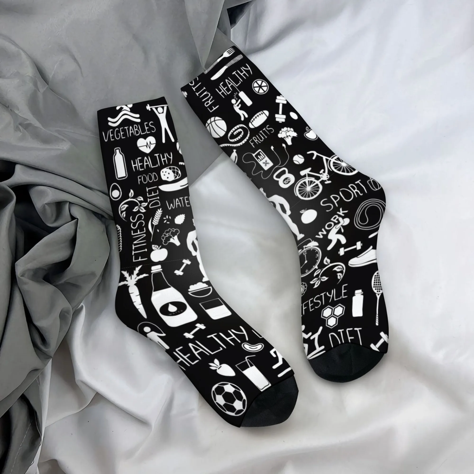 

Men's Printed Mid-calf Socks with Black White Logos for A Healthy Lifestyle for Sporty Comfortable Breathable for Gym Workouts