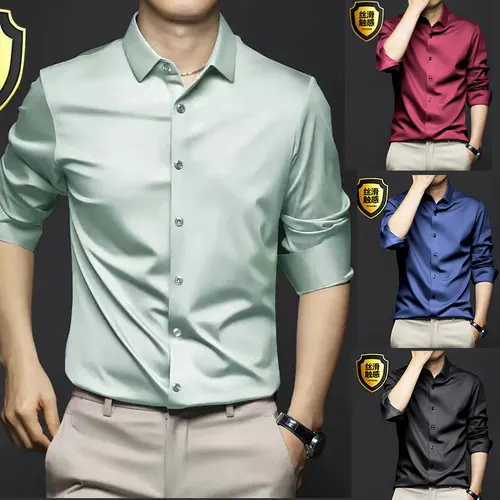 Imagen 2 del producto Vestido camisero de manga larga para hombre 6XL, seda helada, talla grande, informal, de negocios, de alta calidad, transpirable, ajustado, color sólido