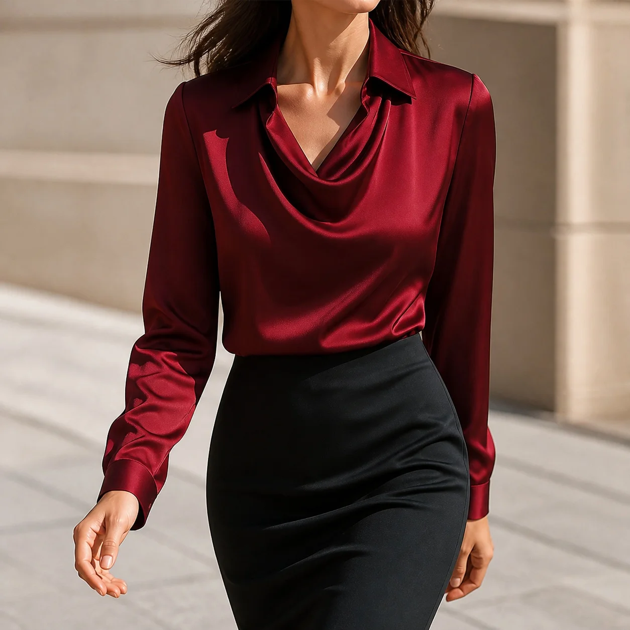 Women's Cowl Neck Long Sleeve Solid Color Satin Metallic Pullover Blouse For Women Woman Clothing Women's Blouse With Metallic