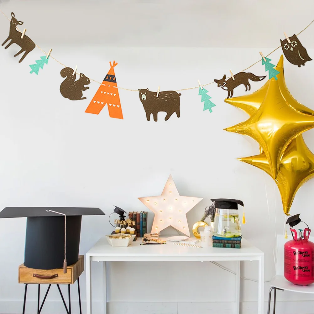 

Animal Birthday Banner in Enchanted Forest Theme Felt Bunting for Child Room Party Decoration Hanging Ornament Special Event
