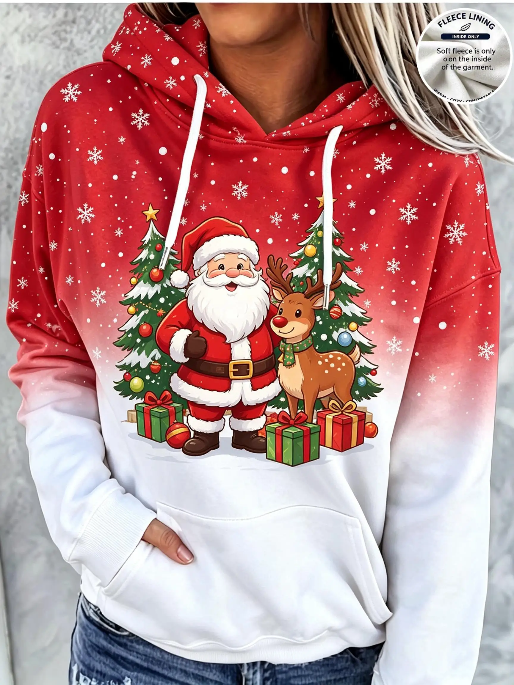 Women Fleece Hoodie Santa Reindeer Christmas Tree Gradient Print Long Sleeve Loose Hooded Sweatshirt