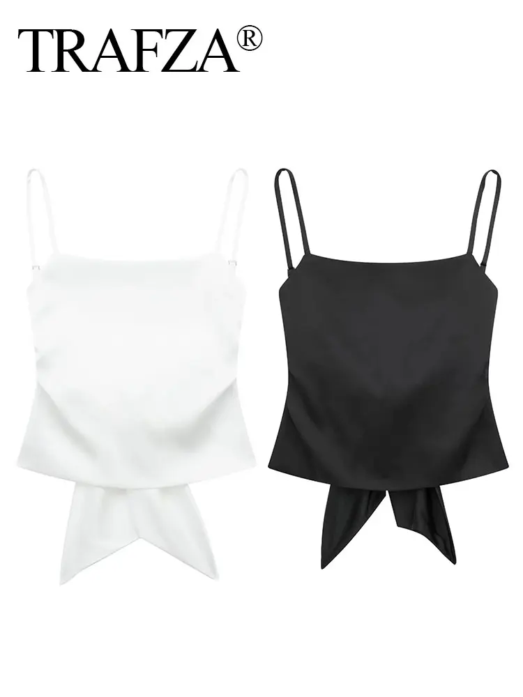 TRAFZA Women Summer Back Bow Solid Satin Backless Sling Crop Top Chic Female Sexy Clothing Streetwear Camis Mujer 2024 Fashion