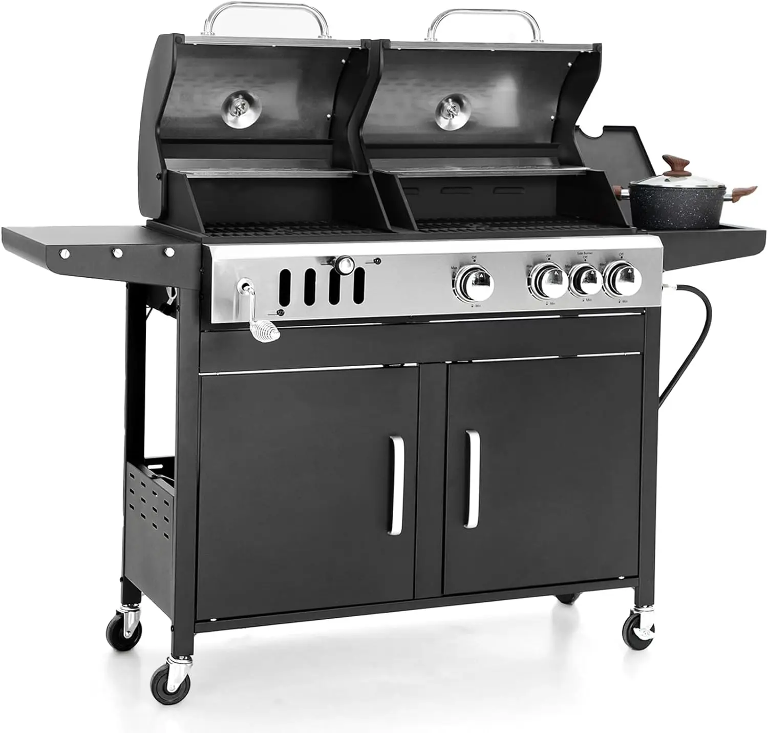 Charcoal and Propane Gas Grill Combo with Side Burner & Porcelain-Enameled Cast Iron Grate