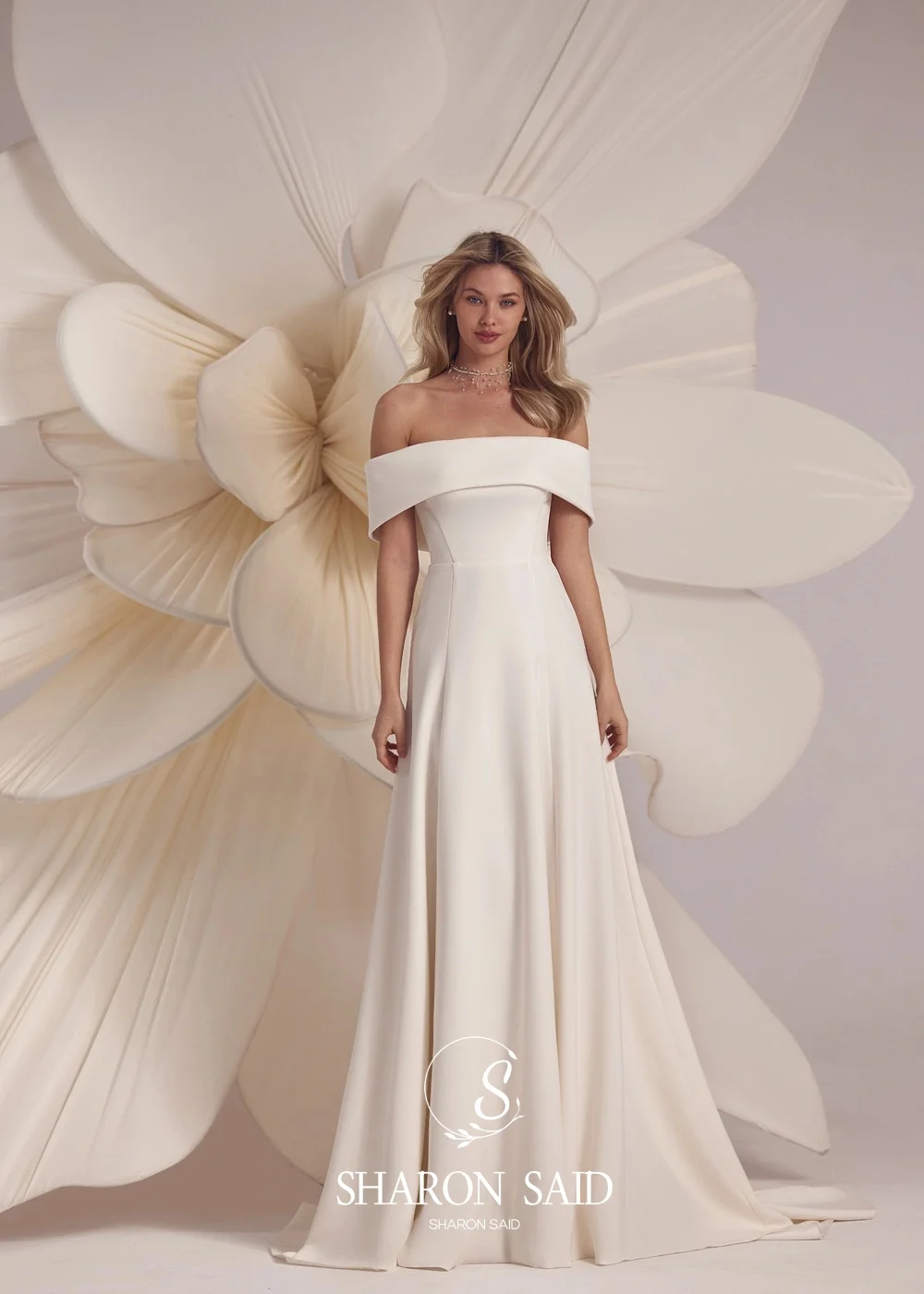 Sharon Said High Quality Simple Strapless Off White Satin Wedding Dress 2025 Off Shoulder A-Line Bride Dress SW254 Customized