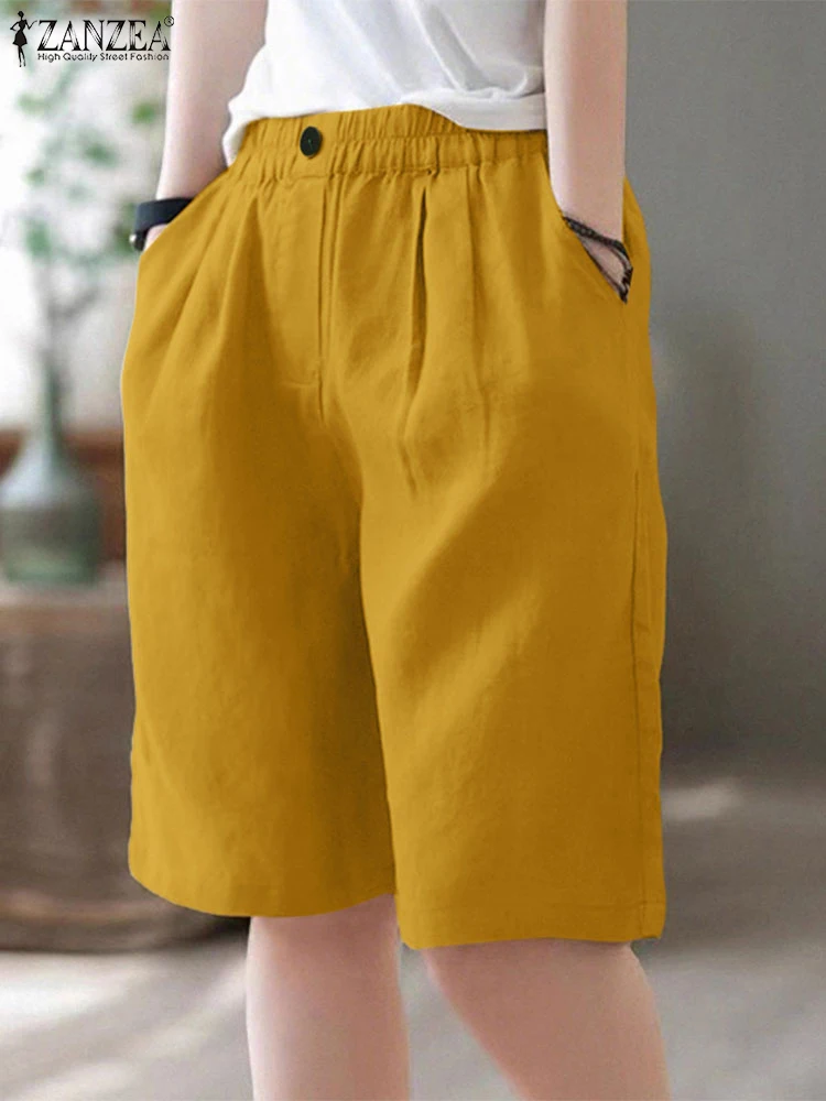 ZANZEA شورتات عصرية للسيدات 2025 سراويل كابري صيفية عالية الخصر جيب بلون واحد شورتات غير رسمية بخصر مطاطي مستقيم