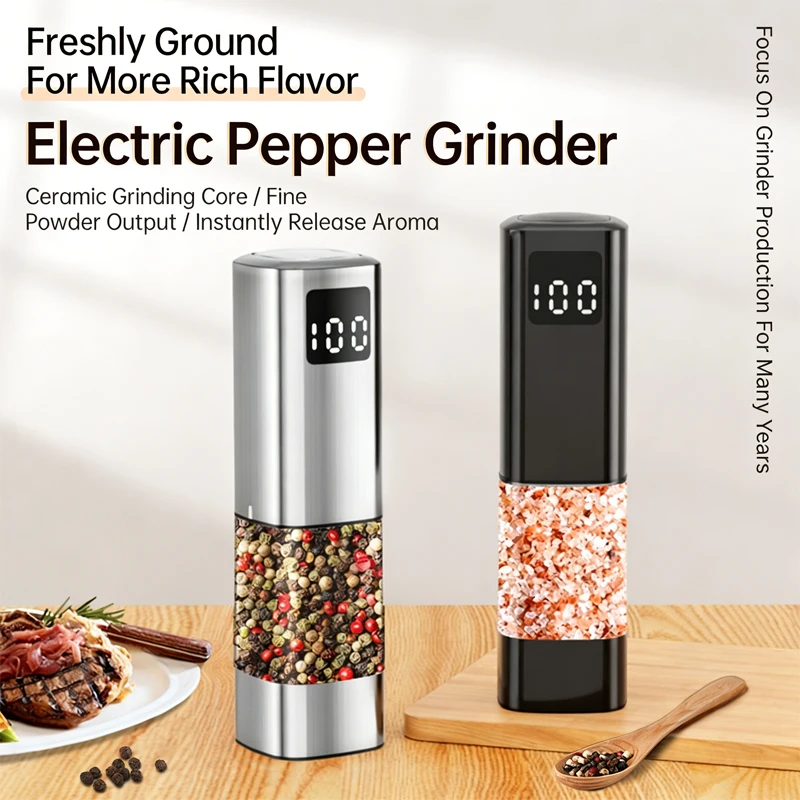 

100ML Electric Pepper Grinder Mill Rechargeable with Digital Display Adjustable Coarseness Auto Salt Spice Grinder Kitchen Tool