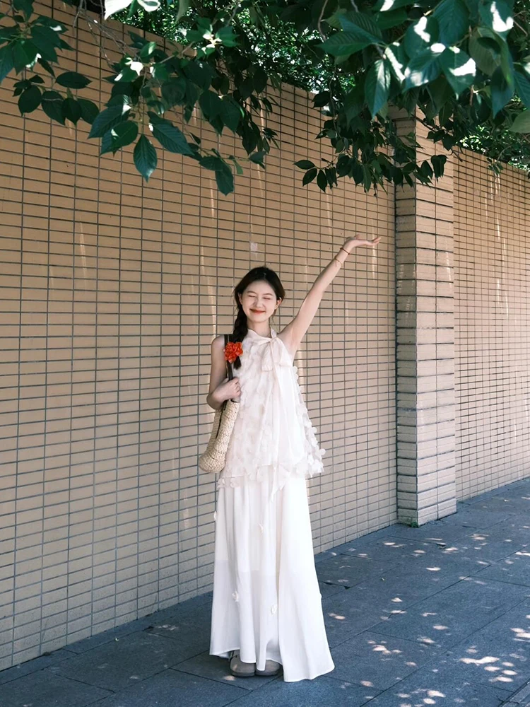 

2025 Summer Faion Set Soft Sle 3D Flower Petal Ne Hanging Svel Vest irt f Skirt Two Piece Set Women's Clothing