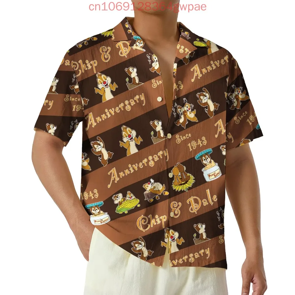 Disney Chip and Dale Christmas Hawaiian Shirt Men's Women's Casual Short Sleeved Shirt Tops Cartoon Kids Button Up Beach Shirt