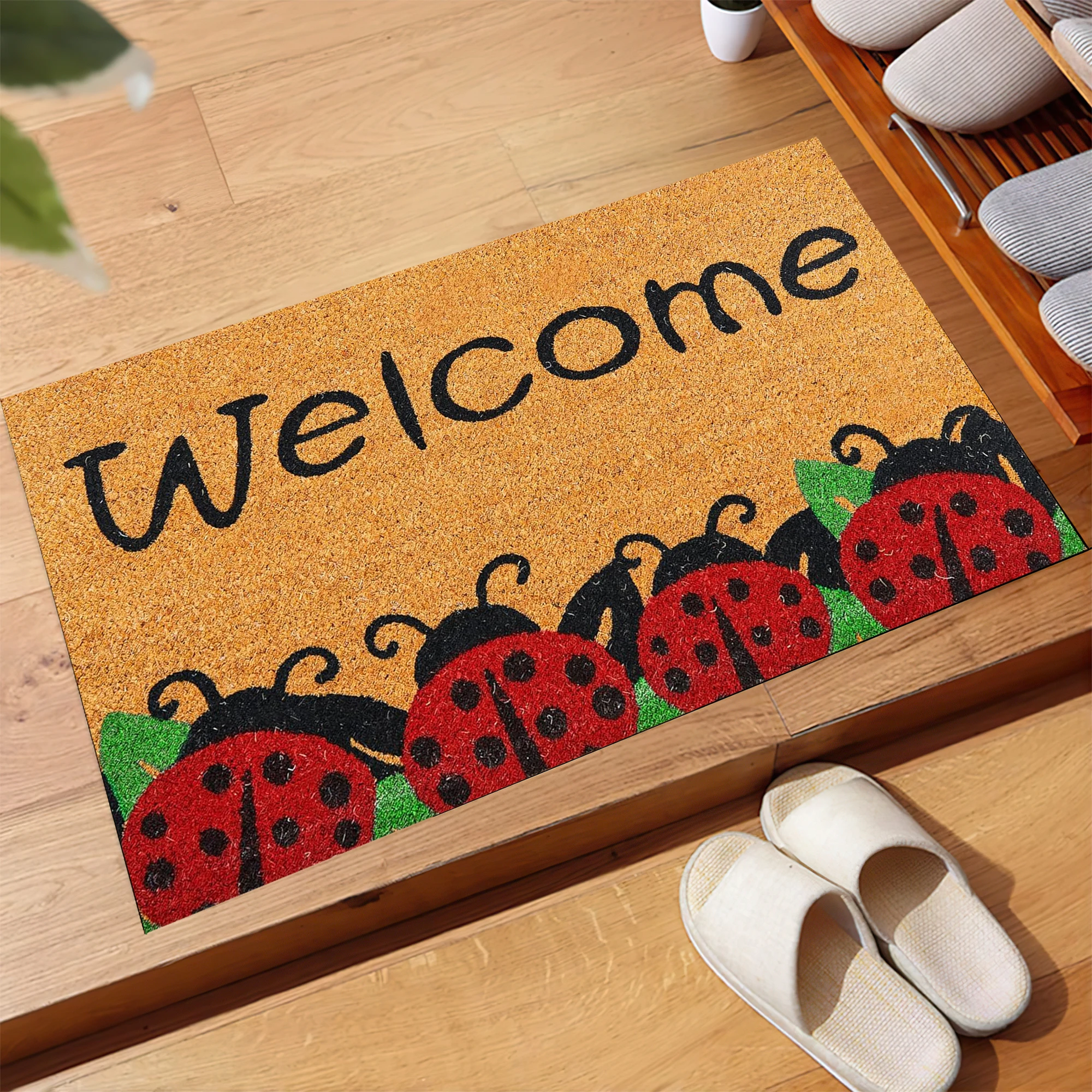 

Adorable Cute Ladybug Welcome Doormat Non-Slip Rubber Back Entrance Rug Non-Woven Spring Garden Floor Mat Home Decor