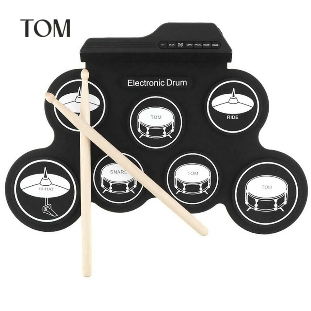 

TOM Electronic Drum Musical Instrument Kit Silicone Stereo Speaker USB/Battery Powered With Drumsticks Foot Pedal Percussion