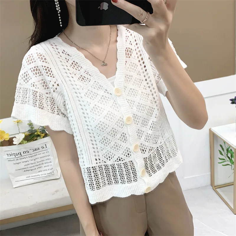 2024 New Spring and Summer V-neck Thin Hollow Figure Flattering Knit Cardigan Women\'s White Short Top