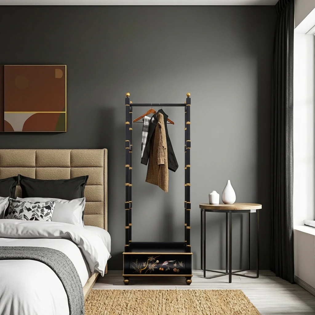 Multifunctional bedroom retro solid wood storage coat rack simple floor hanger drying rack with drawer storage bracket