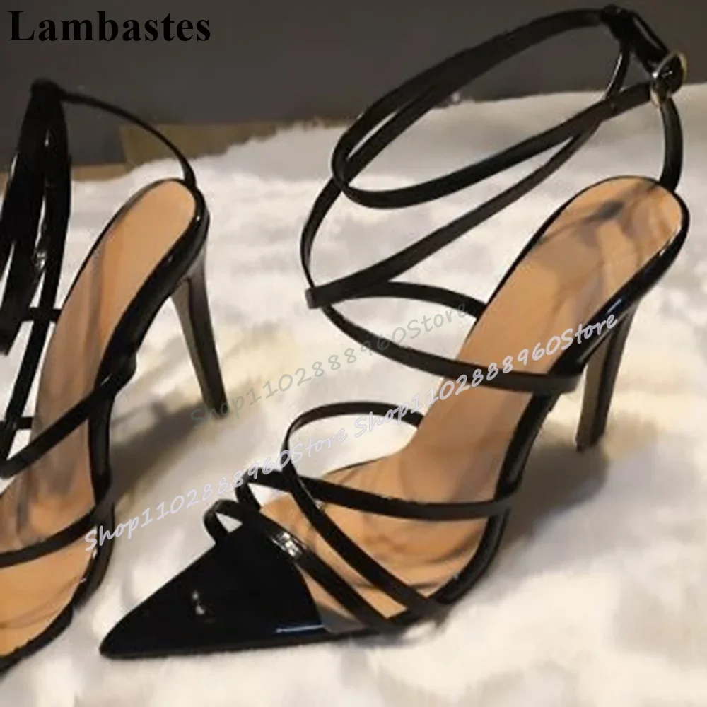 รองเท้าส้นสูงสตรีแบบส้นเข็ม สายรัดข้อเท้า เปิดนิ้วเท้า ดีไซน์หรูหรา ทันสมัย สีดำ ลายเส้นเล็ก ปลายแหลม