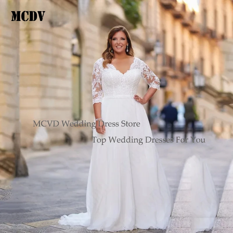

Elegant Plus Size A Line Wedding Dress Double V Neck Backless 3 4 Sleeves Chiffon Bridal Gown Sweep Train Customized MCDV