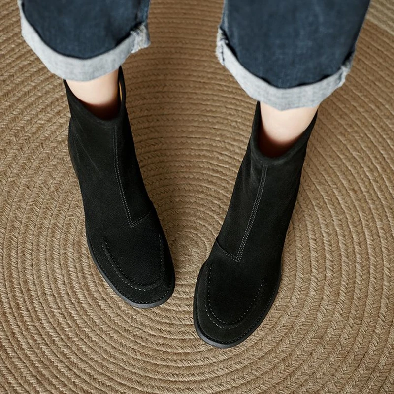 Women's Cow Suede Chelsea Boots - Low Heel Zipper Short Boots
