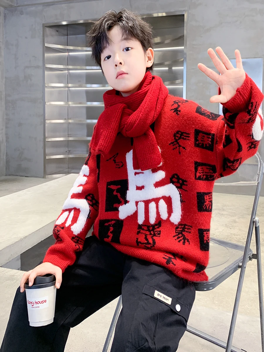 

Утепленный свитер для мальчиков, зимний, с капюшоном, вязаный, красный, с буквенным принтом, теплый зимний пуловер, модный, новый