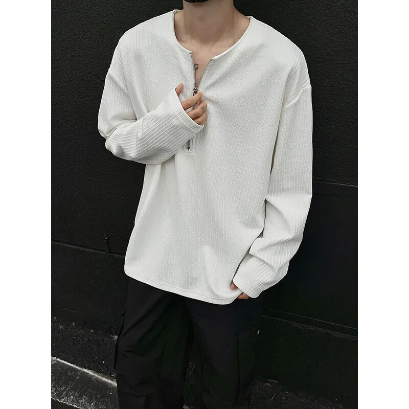 

Autumn Long Sleeved T-shirt Men Fashion White Pleated T Shirt Men Streetwear Korean Loose Zipper T Shirt Mens Top Plus Size 4XL