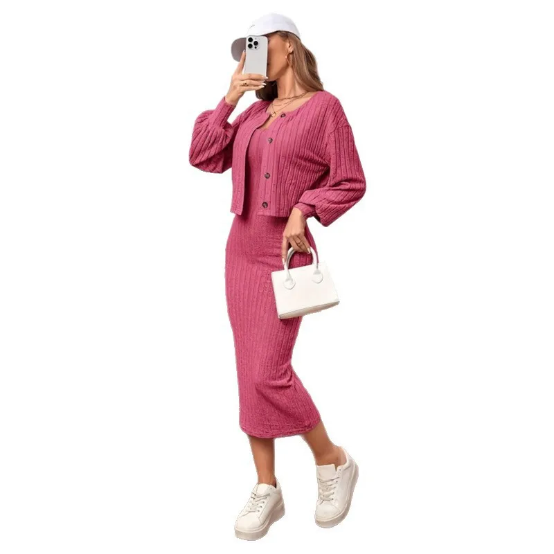 

2025 Fashionable Slim Suspender Dress + Two-piece Jacket Women Autumn Casual Solid Color Hip-pack Home Vestido For Women