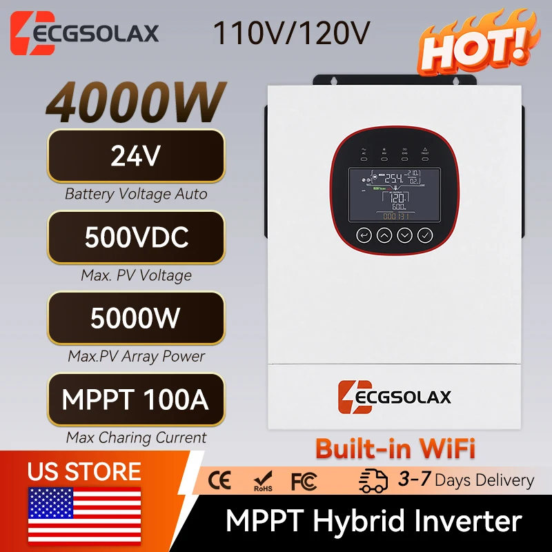 ECGSOLAX 4KW Hybrid Solar Inverter 24V 110/120V Built-in WiFi Off Grid Inverter Built in MPPT 100A Solar Charge Home inverter