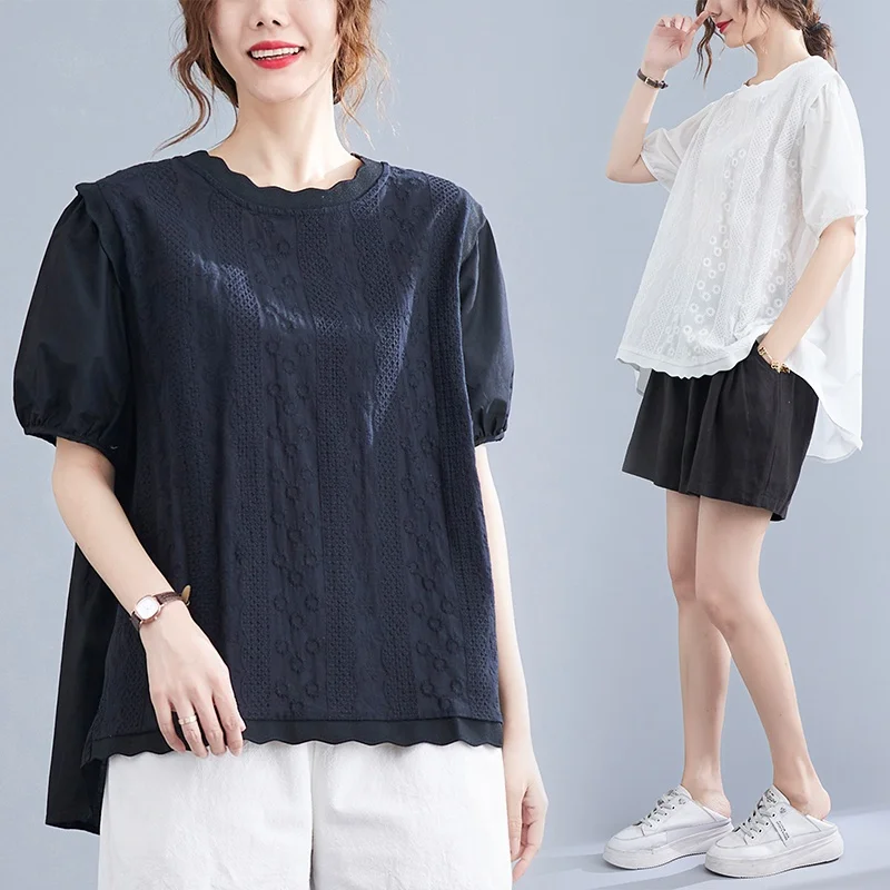

Korean Sle Summer Lace round Ne Doll irt Bubble Sve Heavy Embroidery Loose Cotton Linen T-irt Faionable Versatile