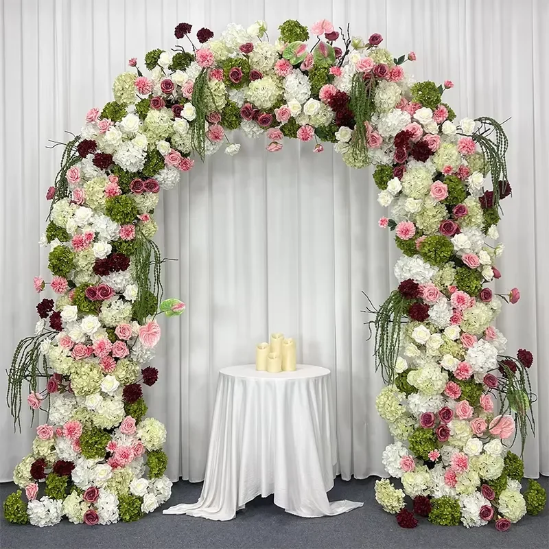 White and Green Hydrangea Artificial Flower Arch Dark Rose Embellishment Is Used to Decorate the Opening Background of the