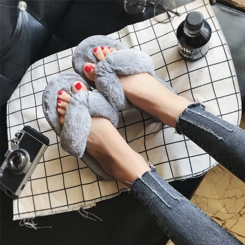 Cross Warm Fluffy Furry Slippers Women Lightweight Flat Heels Fur Slides Woman Autumn Winter Open Toe Non Slip Home Floor Shoes view 3