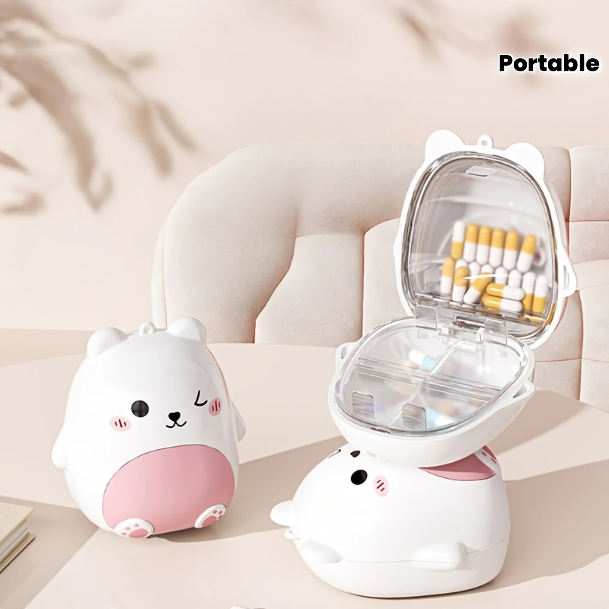

1PC Cute Bear Pill Box: Large Capacity, Sealed, Easy-Open, Durable ABS. Portable for desk or travel.