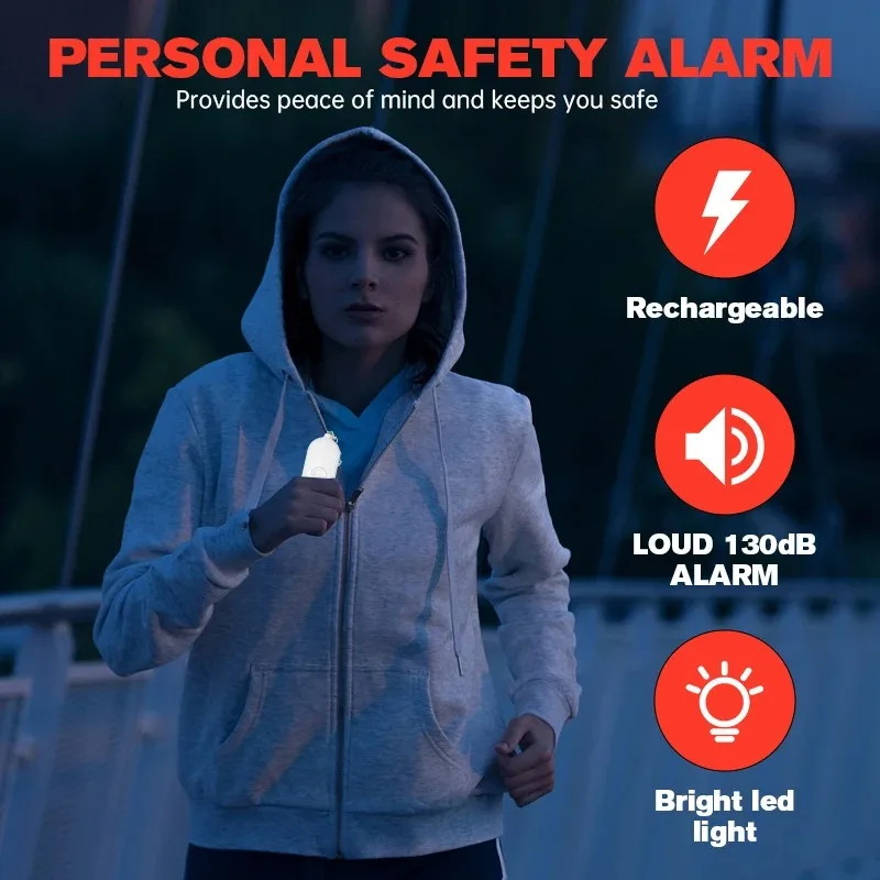 

Rechargeable Self Defense Keychain Alarm 130dB Loud Emergency Personal Siren with Flashing Strobe Light SOS Safety Alert Device