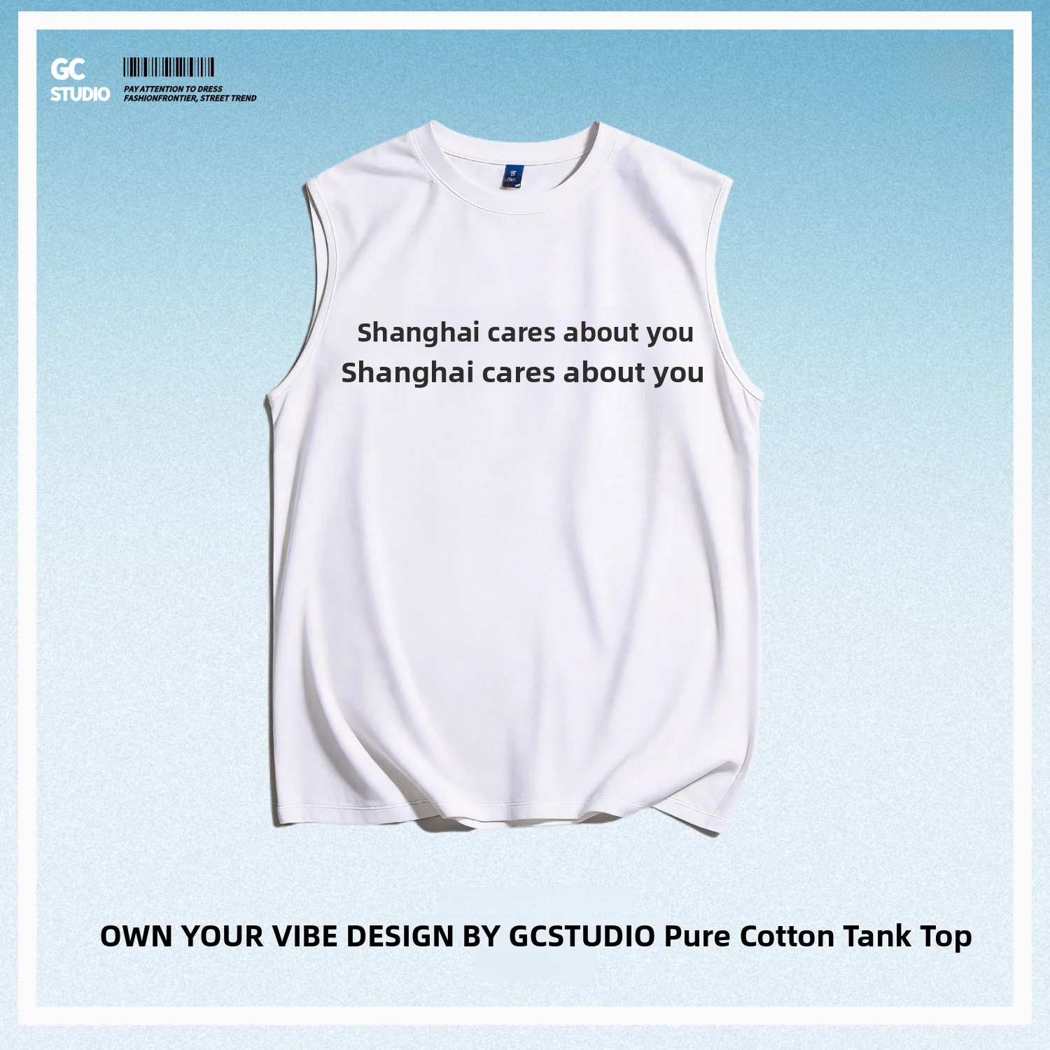 Loose Cotton Summer Vest for Couples Fun Text Printed Breathable Casual Style Men's T-Shirt Shanghai Cares You round Neck Vest