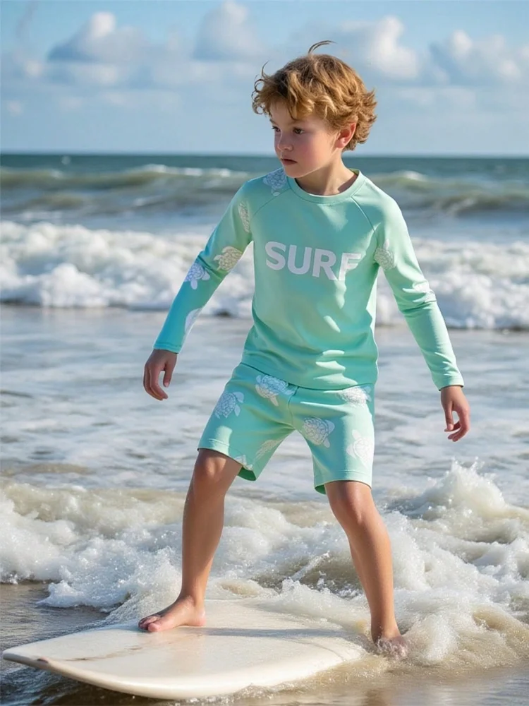 Boy Kids Swimsuit 2026 New Letter Turtle Long Sleeves Children Swimwear Summer Beachwear Shorts Two Piece Bathing Suit Swimming