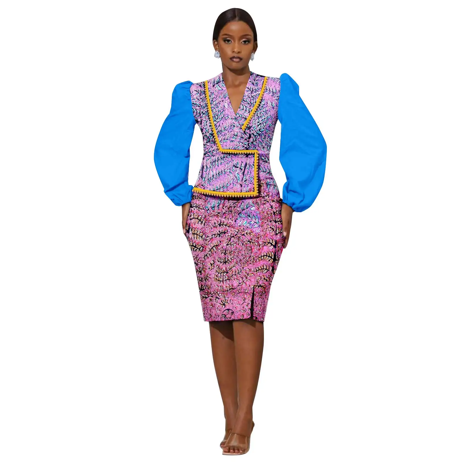 Afripride African Print Dress for Woman V Neck Long Sleeve Puff Sleeve Patchwork Knee-Length Casual Party Wear 2625061