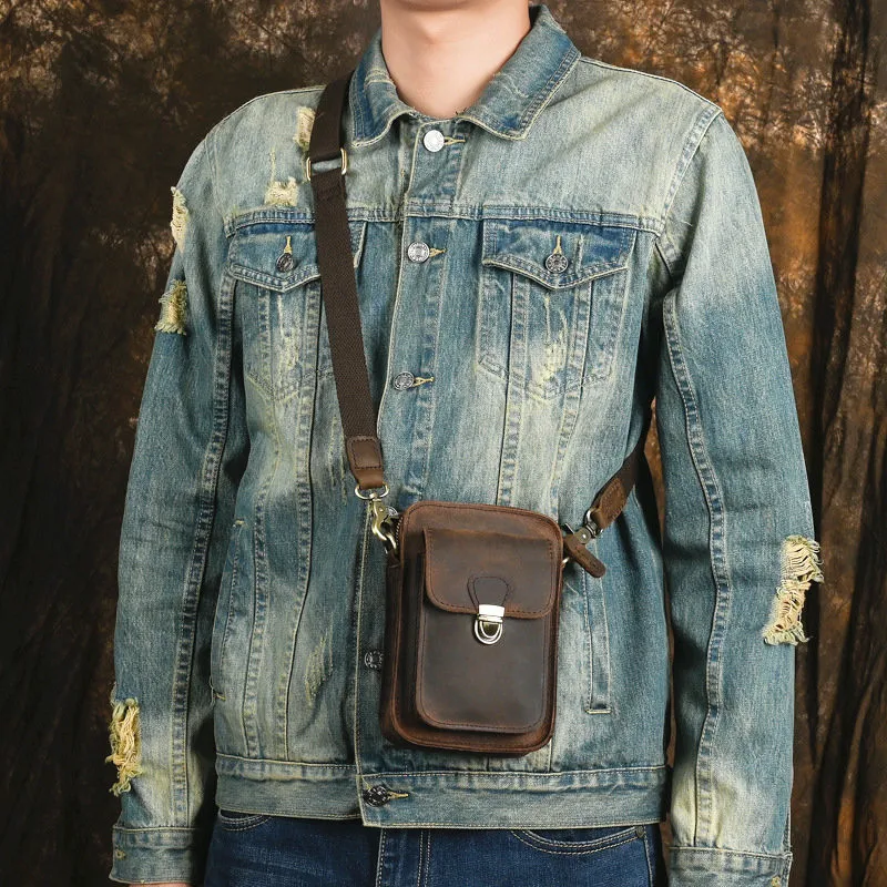 Vintage Leather Shoulder Bag for Men Casual Sporty Crossbody Phone Bag Top Layer Cowhide Belt Bag Street Style Square Shape