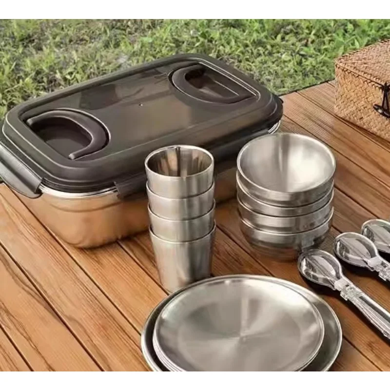 

Outdoor Portable Storage Set Camping Supplies Equipment Picnic Bowls Cups Chopsticks Spoons 304 Stainless Steel