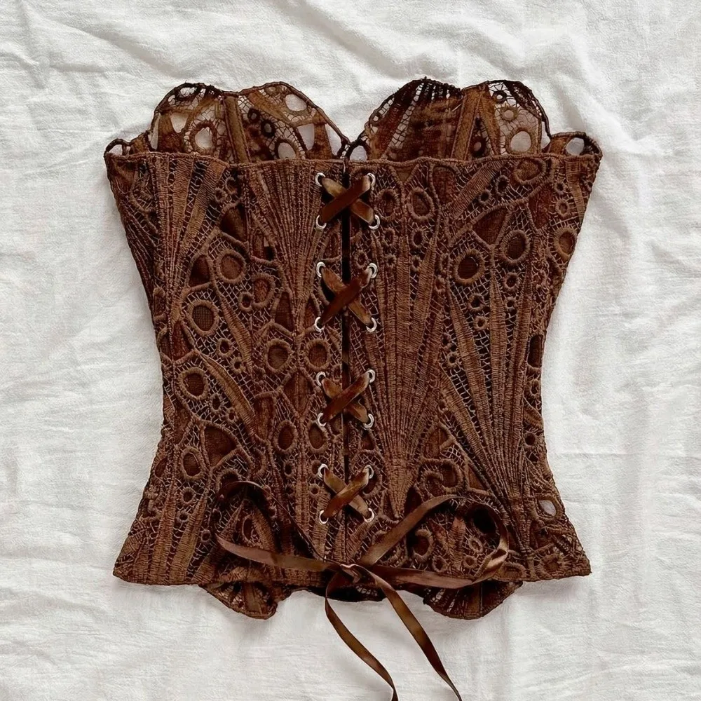 Vintage Rückenfreies Korsett-Top mit Schnürung, Fischgrätenmuster, Unregelmäßigem Saum, Spitzenkorsett, Netz-Einsätzen, Damenunterwäsche, Damenbekleidung – Detail 11