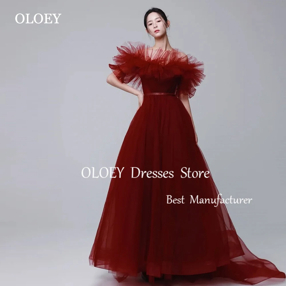 

OLOEY Wine Red Korea Prom Dresses Wedding Photo Shoot Soft Tulle Off Shoulder Party Gowns A Line Corset Floor Length Customized